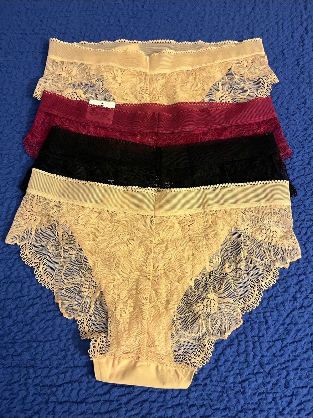 Eterna Lace-Trim Bikini Panties in Beige, Maroon & Black - 4-Pack - Picture 5 of 8